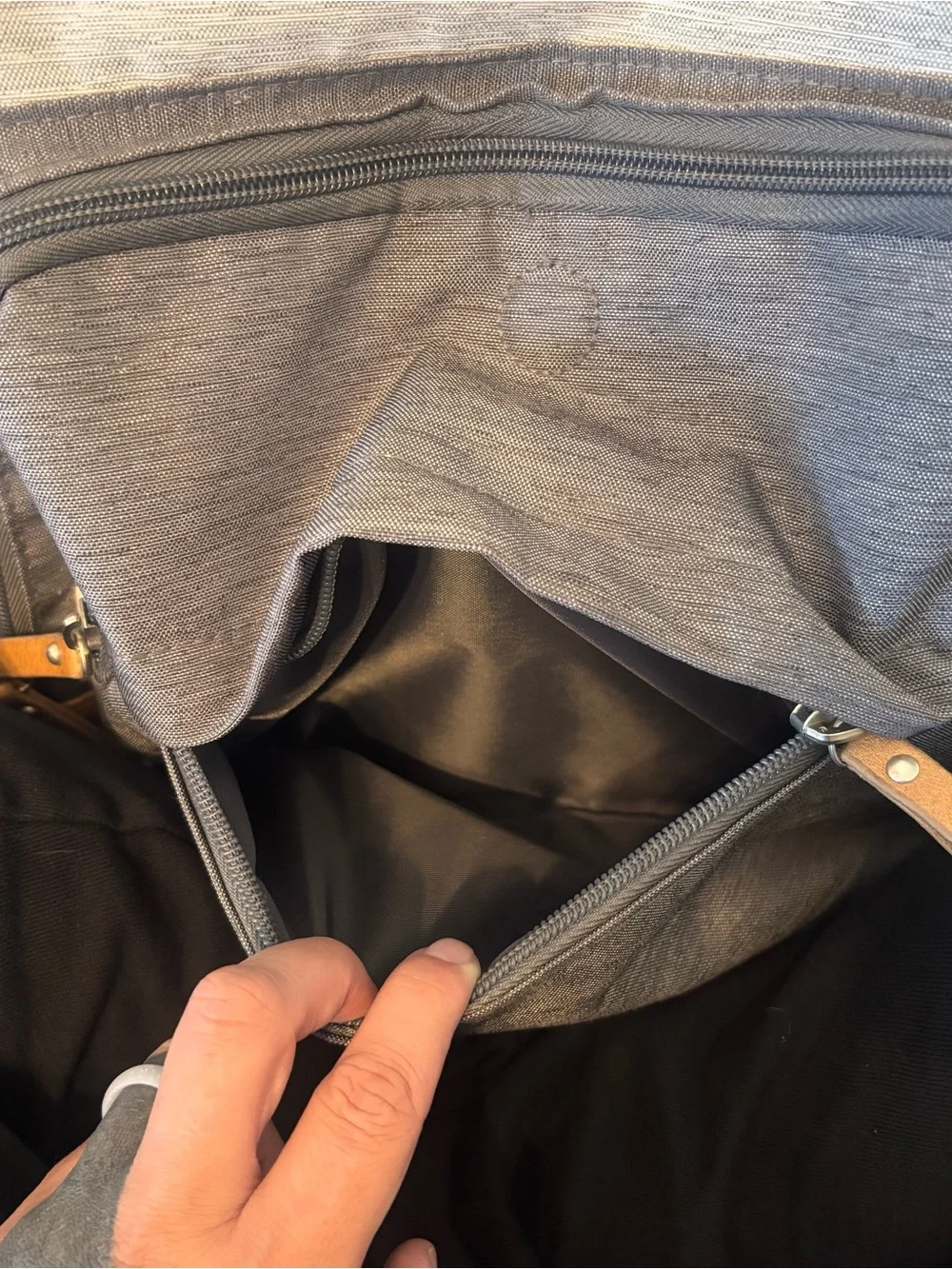 Eddie Bauer Cascade Backpack Diaperbag in gray and white with tan trim